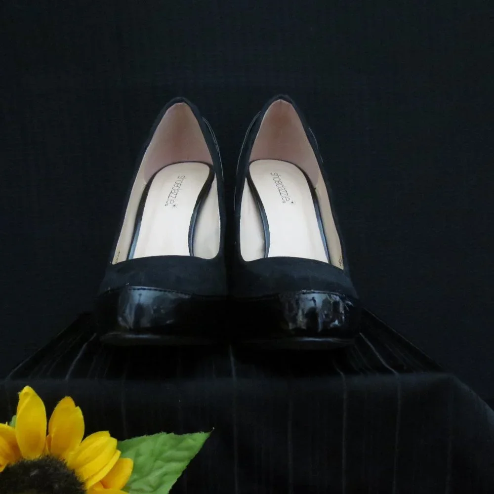 Shoedazzle Gwendolyn Shoes Black Patent Gold Platform Stiletto Pumps Size 8.5